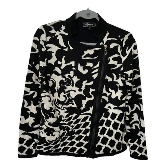 Y2K Minkas Black  White Neutral Geometric Asymmetrical Zip Sweater - Picture 1 of 6